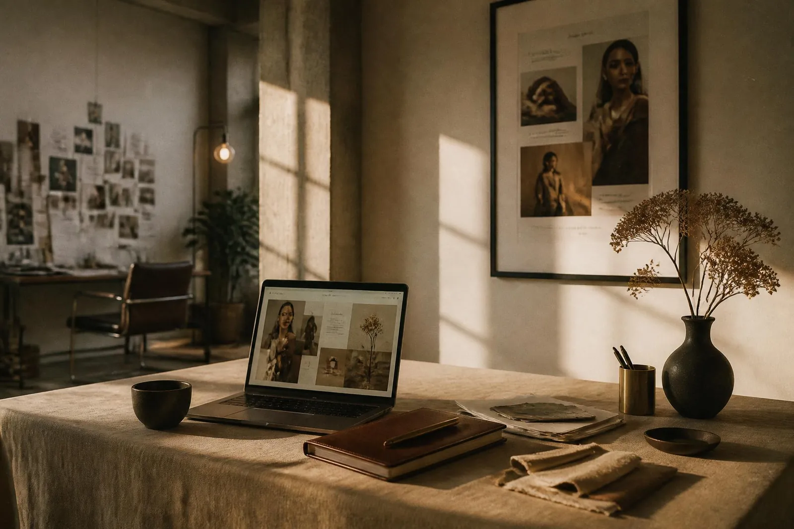 Sophisticated studio with an open laptop showing a brand presentation, leather notebook, brass pen, and framed campaign print in warm window light