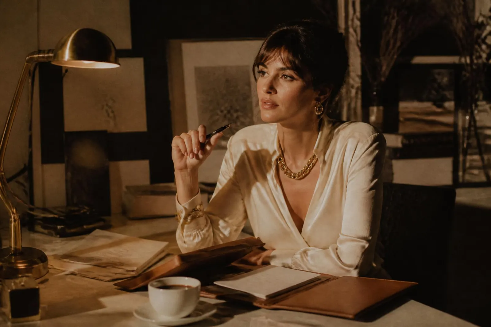 Creative director at a marble desk with a leather portfolio, brass lamp, and ceramic coffee cup in warm editorial light